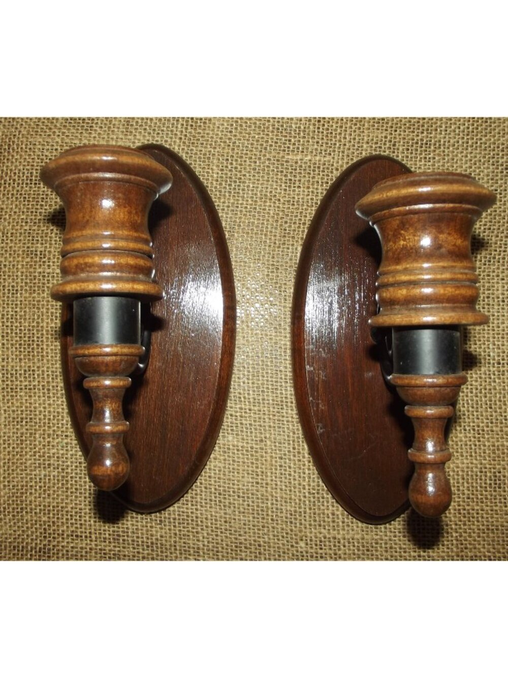 Wood Metal Sconce Candle Holders (lot of 2) Wooden Wall MCM 8" tall oval
